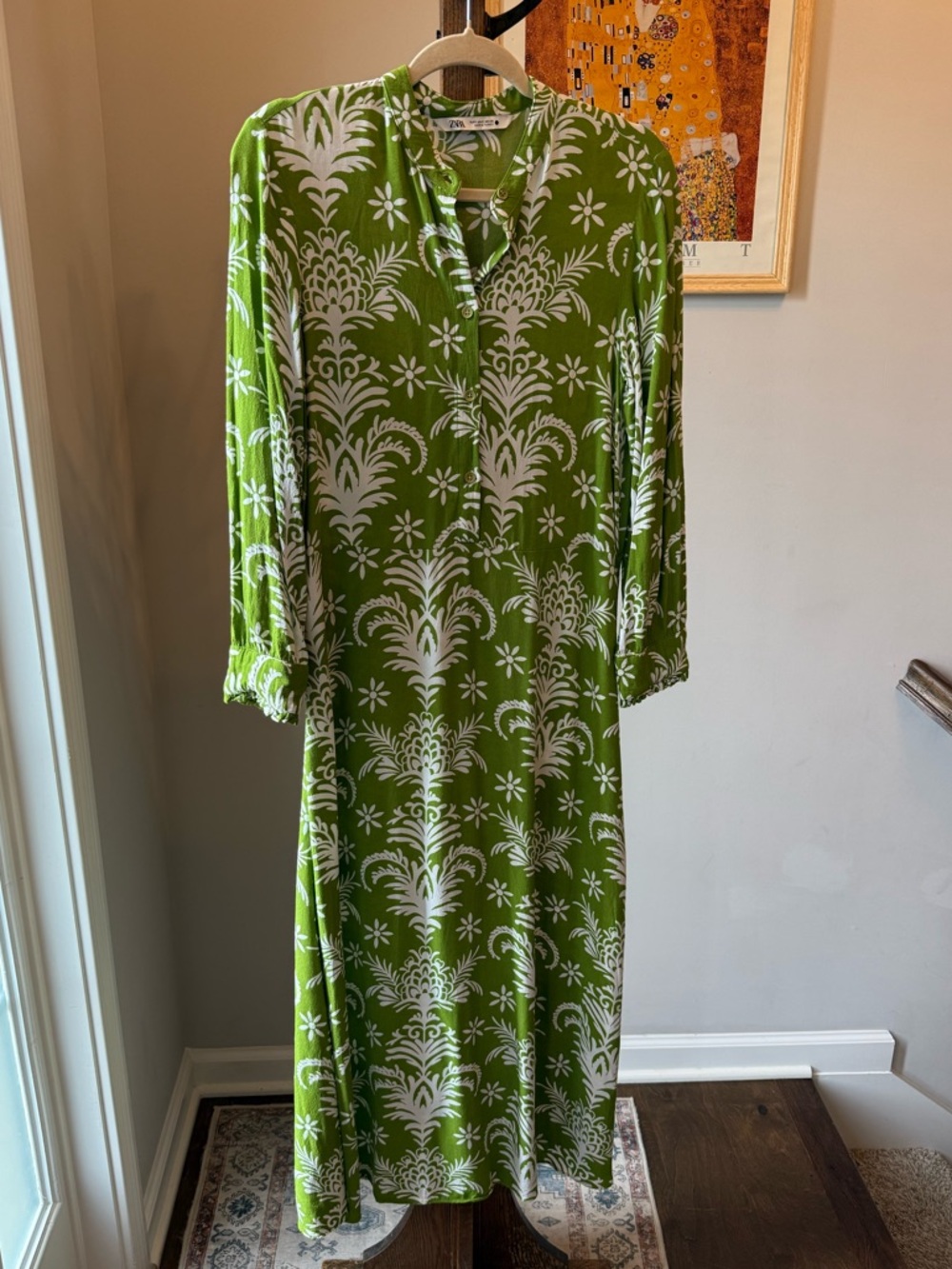 Green Floral Print Long Sleeve Midi Dress